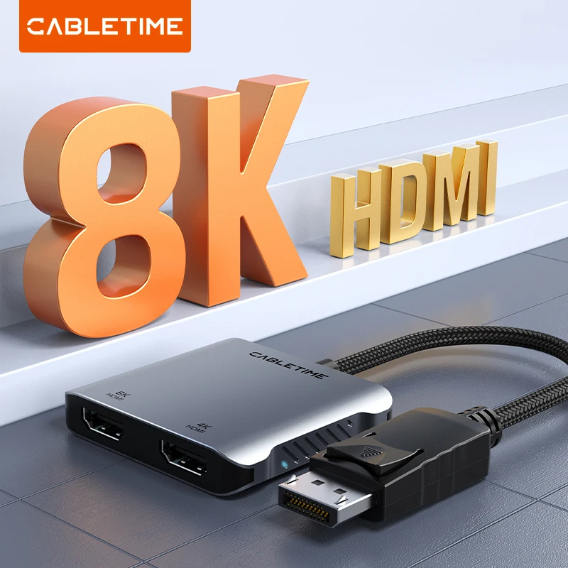 CABLETIME Displayport zu Dual HDMI HUB 8K MST 4K 60Hz Dual Display UHD LED Licht DP zu HDMI Hub für Display Dock für Mac Laptop Image