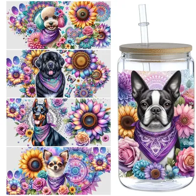 5 Blatt Sonnenblumen-Hund-UV-DTF-Becheraufkleber, wasserfest, lustiger Hund, abwischbares Image