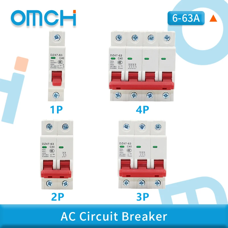DIN-Schiene Mini-Leistungsschalter 1P 2P 3P 4P AC 400V MCB 6A 10A 16A 20A 25A 32A 40A 50A 63A Haushaltsschaltung Luftschalter DZ47-63 Image