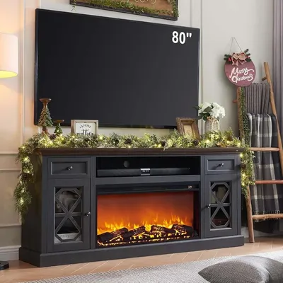 Farmhouse Fireplace TV Stand with 36" Electric Fireplace for 80 Inch TVs, 31" Tall Entertainment