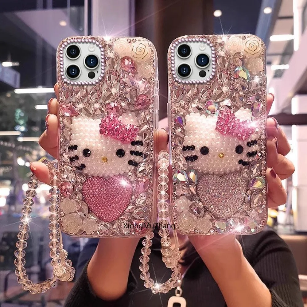Custodia per telefono Hello Kitty con strass diamante per Iphone 17 16 15 Pro 14 Pro Max 13 12 11 Sanrio Girls Regalo di lusso di lusso personalizzato
