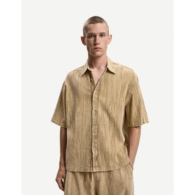 Bershka Pleated Boxy Fit Short Sleeve Shirt Men M Khaki