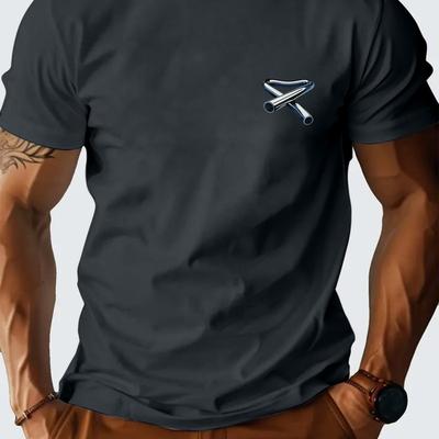 TEMU Men's Casual Short-sleeve T-shirt With Unique Pipe & Bells Print - Breathable Polyester, Crew Neck, Summer Image
