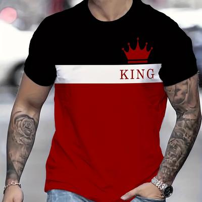 TEMU Men's Royal King Graphic T-shirt - Red, Black & White Striped Design With 3d Print, Casual Summer Top, Soft Polyester Blend, Round Neck, Regular Fit For Casual Attir Image