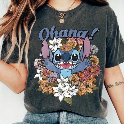 TEMU Stitch Graphic T-shirt - Casual Viscose Short Sleeve Tee For Women, Retro World With Floral Patterns, Spring/summer/fall Image