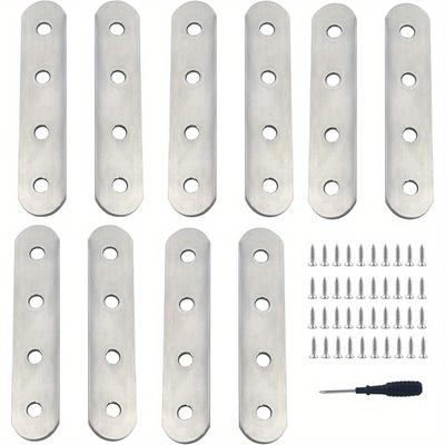 TEMU 10pcs Silver Stainless Steel Hole Plate Bracket Metal Connector, 97x20mm Flat Connector With Screws, And Reinforcement For Furniture Image