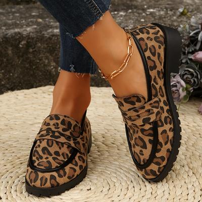 TEMU Women's Leopard Print Loafers - Slip-on Casual Shoes, Round Toe, Flat Sole, British Style, , Animal , Versatile | Round Toe Footwear | Fabric Upper Loafers, Leopard Print Shoes Image