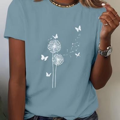 TEMU Women's Elegant Fashion Dandelion & Print T-shirt - Soft Olive Green, Short Sleeve, Round Neck, Lightweight Polyester, Casual Summer Top, Ladies T Shirts Image