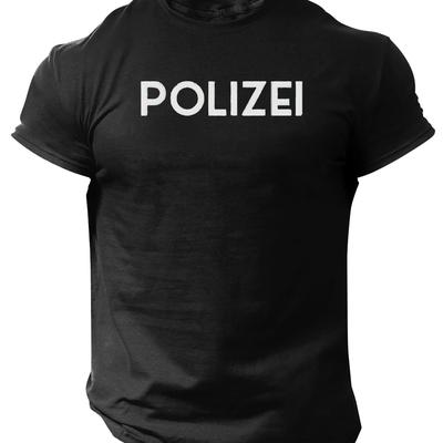 "TEMU Men's Casual Short-sleeve T-shirt - Police Print, Black With White "polizei" Lettering, Lightweight Summer Tee For Casual Attire, Outdoor Activities Shirt, Streetwear T Shirt" Image