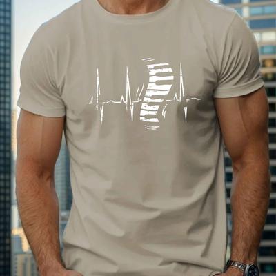 TEMU Men's Summer Short Sleeve T-shirt With Keyboard Heartbeat Design, Round Neck, Polyester - Machine Washable Image