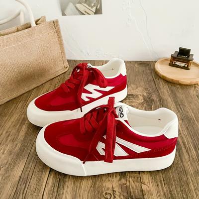 TEMU Women's Low-top Casual Sneakers - Round Toe Lace-up Cover Shoes With Thick Rubber Sole, Versatile Design For Casual Attire (, Yellow/red, Red/white), Comfortable Footwear | Fabric Lined Interior Image