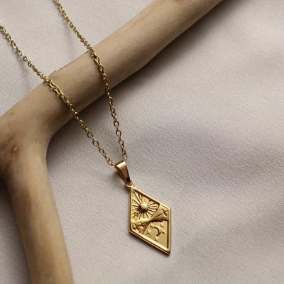 TEMU Stainless Steel Geometric Rhombus Pendant Collarbone Necklace, Featuring A Retro With Three-dimensional Sun, Moon, And Stars— Women's Dates Or As An Ideal Valentine's Day Gift Image