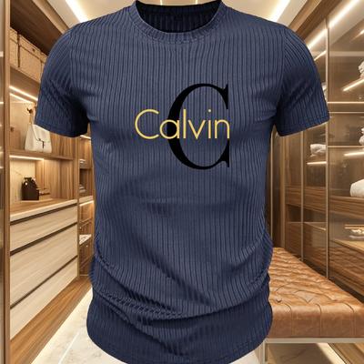 TEMU Men's Graphic T-shirt - Casual Crew Neck, Short Sleeve, Stretchy Ribbed Fabric, Geometric , Regular Fit, Blue With Golden Lettering, Sports Or Leisur Image