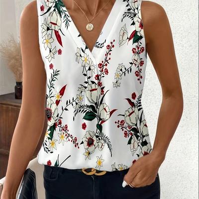 TEMU Women's Floral Print V-neck Sleeveless Blouse - Lightweight Summer Top With Vibrant Red, Flowers On White, Spring/summer Outfit, Ladies Blouses Image
