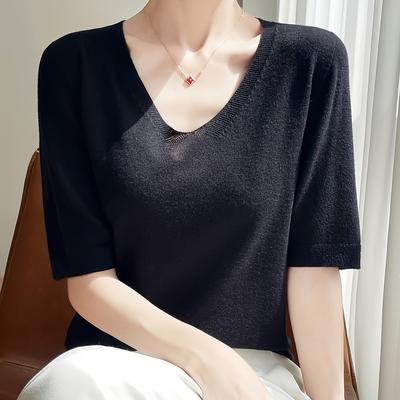 TEMU New Women's Short-sleeve Pullover Made Of Soft And Skin-friendly Silk With A V-neck Design. Image