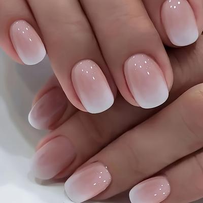TEMU 24pcs Ombre Press On Nails Short, Square Fake Nails With Nail Glue, Pink White Ombre Glue On Nails False Nails For Women Image