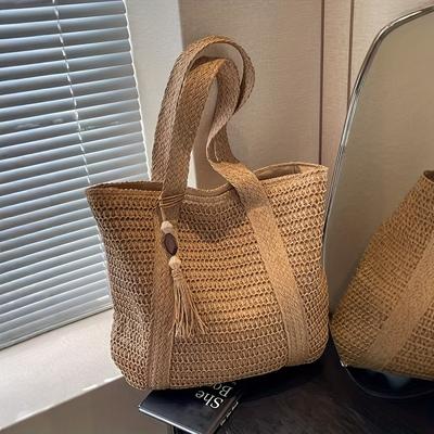 TEMU 1pc Chic Large Straw Tote Bag With Tassel Detail – Women’s Summer Beach Vacation Shoulder Handbag, , Zip Closure, Paper Material, Khaki Color, Coastal Getaways Image
