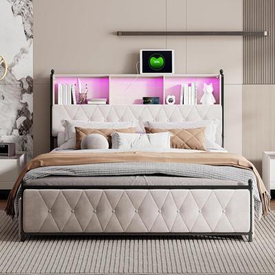 TEMU Ycz Storage Bed, 140*200cm, Double Bed, Upholstered Beige Bed With Storage Under The Bed, Velvet Upholstered Headboard, Adult Bed, 4 Drawers, Slatted Base, Beige Image