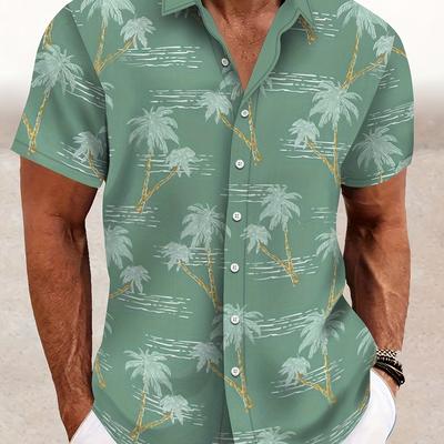 TEMU Men's Lightweight Hawaiian Shirt With Vibrant Palm Tree Print – Short Sleeve, Button- Collar, Beach Vacations And Summer Image