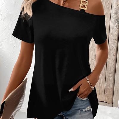 TEMU Women's Elegant Off-shoulder T-shirt - Solid Color Black, Summer Fashion Top With Golden Straps, For Casual Attire Image