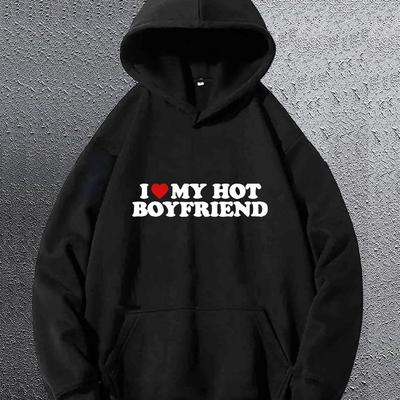 TEMU Creative Simple English Love Pattern Print Men' Trendy Pullover Hoodie, Kangaroo Pocket Long Sleeve Hoodie, Loose Casual Top, Autumn And Winter Men's Clothing Image