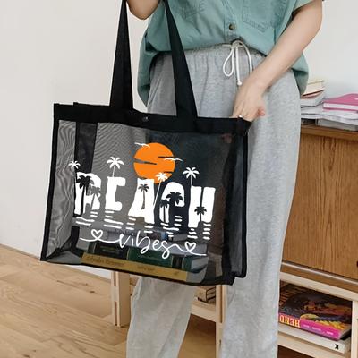 TEMU 2025 New Extra Large Beach Tote Bag - Breathable Nylon With Zipper Closure & Side Pockets, Durable Machine-washable Geometric Print Carryall For , Spacious Travel Bag, Sturdy Handle Construction Image