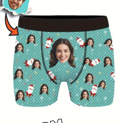 TEMU Custom Photo Boxer Briefs, Personalized Face Print Shorts, Funny Novelty Underwear, Knit Fabric, Medium Stretch, Polyester 95% Spandex 5%, 120gsm, With , Unique Gift For Men Image