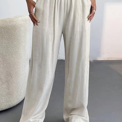 TEMU Women' Linen-blend Wide-leg Pants - , Loose Fit With Pockets, Solid Beige Color, Casual & Vacation Wear, Machine Washable Image