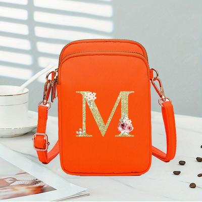 TEMU Stylish Golden Letter Multifunctional Orange Nylon Mobile Phone Bag Lightweight Women's Shoulder Bag Mini Crossbody Vertical Coin Purse Suitable For Birthday Gifts And Party Favors Image