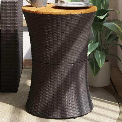 TEMU Garden Side Table Drum Shape Black Poly Rattan Solid Wood Image