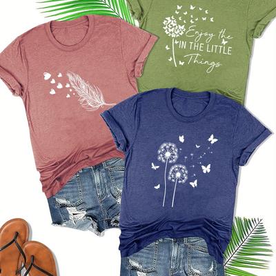 TEMU Three-piece Set Plant Flower Series Home Edition Sister Pack Dandelion Fashion Print Vintage Style Women's Summer Casual Sporty Round Neck Short Sleeve T-shirt In Multiple Colors S-xxl Image