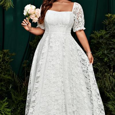 TEMU Elegant Pink Lace-trimmed Square Neck Dress For Women - Fitted Shirred Waist, Long Sleeve, Flowing Design, Weddings & Formal Events, Wedding Dresses For Bride Image