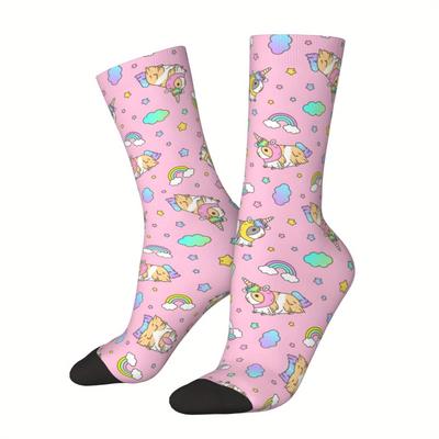 TEMU 1 Pair Piggycorn And Rainbow Print Socks For Men And Women - 95% Polyester, 5% Elastane Knit Fabric, Hand Washable Unisex Crew Socks For Hip Hop And Style Fans Image