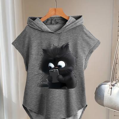 TEMU Women's Casual Black Cat Graphic Hoodie With Batwing Sleeves - Cartoon Design, Long Sleeve Hooded Top For Spring/summer Image