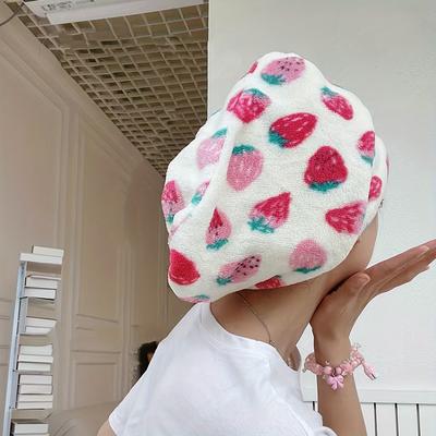 TEMU 1pc Strawberry Print Bath Cap With Edge, Coral Velvet, Soft And Absorbent, For Bathroom, Bathing, Washing Face, All Image