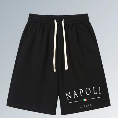 "TEMU Men's "napoli" Print Black Shorts - Casual, Stretchy Fabric, Drawstring Waist, 18-40 Year Olds, Casual Wear|italian Style Shorts|stretchy Fabric Shorts" Image