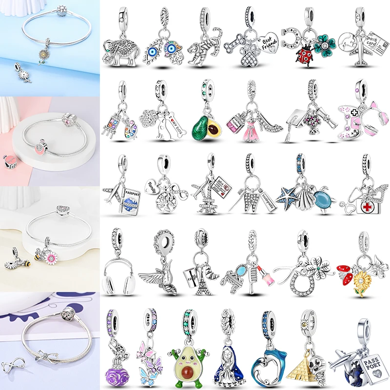 Teufelsaugen Avocado Traumfänger Feder Anhänger Libelle Schmetterling 925 Sterling Silber Charm Unisex Passend für Original Schmuck Image