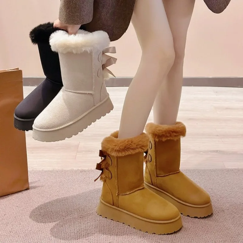 2024 Winter Neue Dicken sohlen Mid-rohr Schnee Stiefel Bogen Pelzigen Mund Plus Flauschigen Dicken Baumwolle Stiefel Casual alles