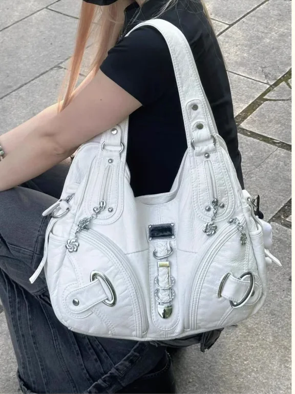 JIAERDI Vintage Weiß Große Kapazität Handtasche Frauen High Street Leder Tasche Y2k Schulter Taschen Damen Retro Geldbörse Bagutte Tasche