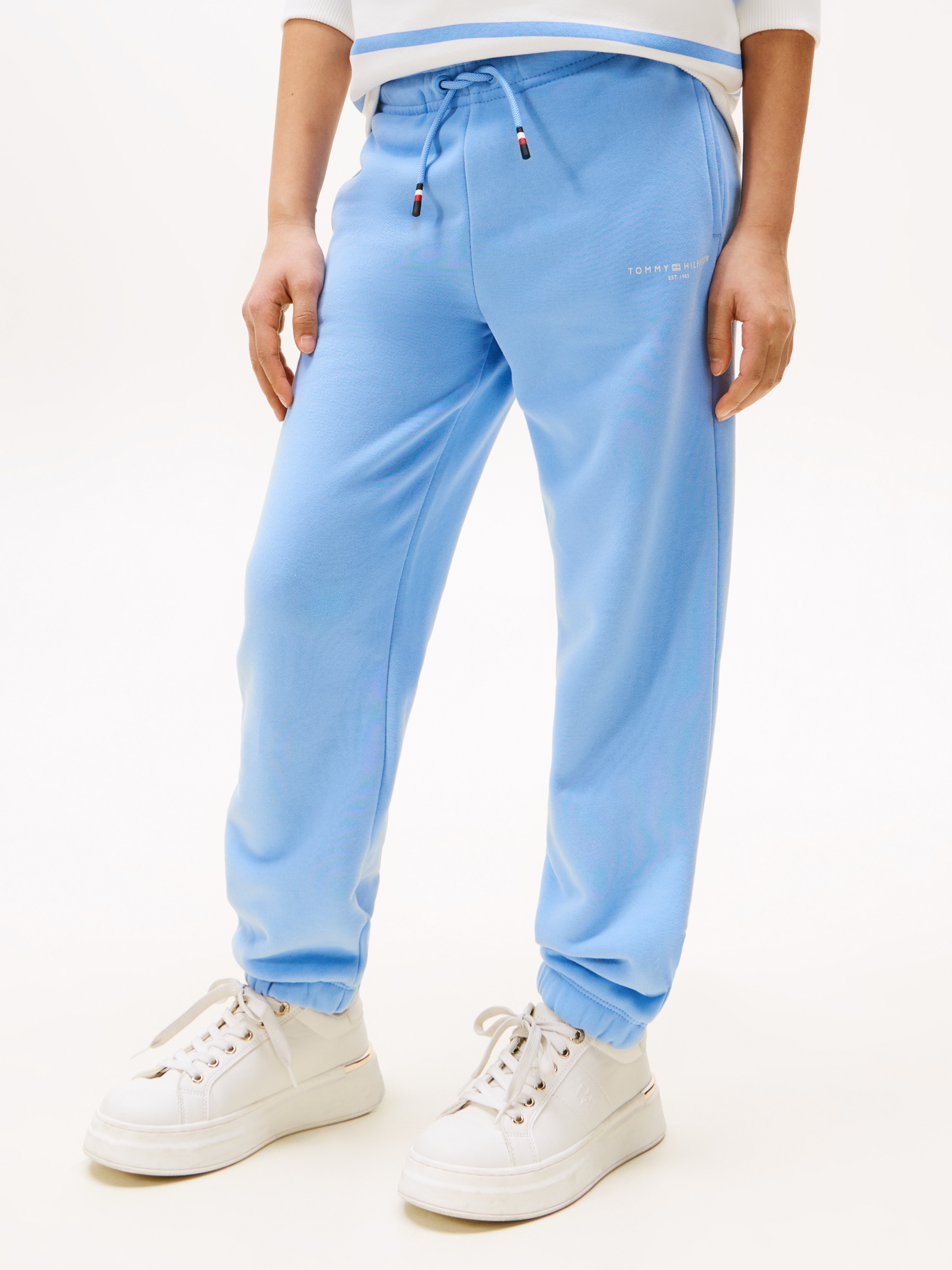 Sweathose TOMMY HILFIGER "MINI CORP SWEATPANTS", Jungen, Gr. 7 (122), N-Gr, blau (cloudy blau), Sweatware, Obermaterial: 80% Baumwolle, 20% Polyester, unifarben, Casual, regular fit lang, Hosen, für Kinder bis 16 Jahre Image