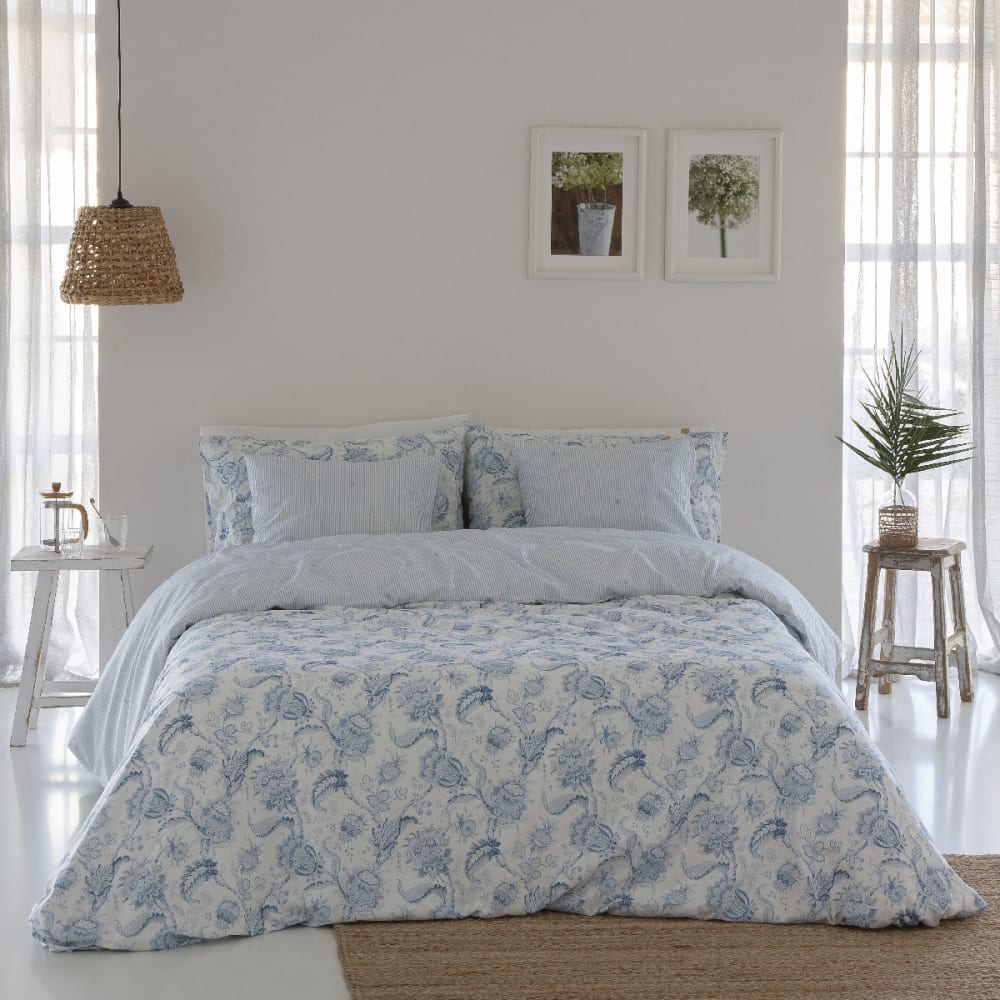 Housse de couette réversible en coton bleu 220x220 cm