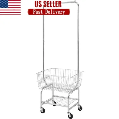3-Tier Rolling Laundry Cart Heavy Duty Metal Basket with Hanging Rod Easy Assembly Home Bathroom