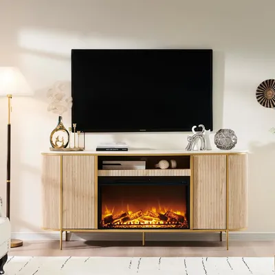Luxury 70" Fluted Fireplace TV Stand, Center for TVs Up to 80 inches, TV Console with Faux Marble