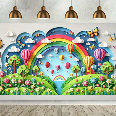 Colorful displays, whimsical rainbows and hot air balloon background banners, rainbow party