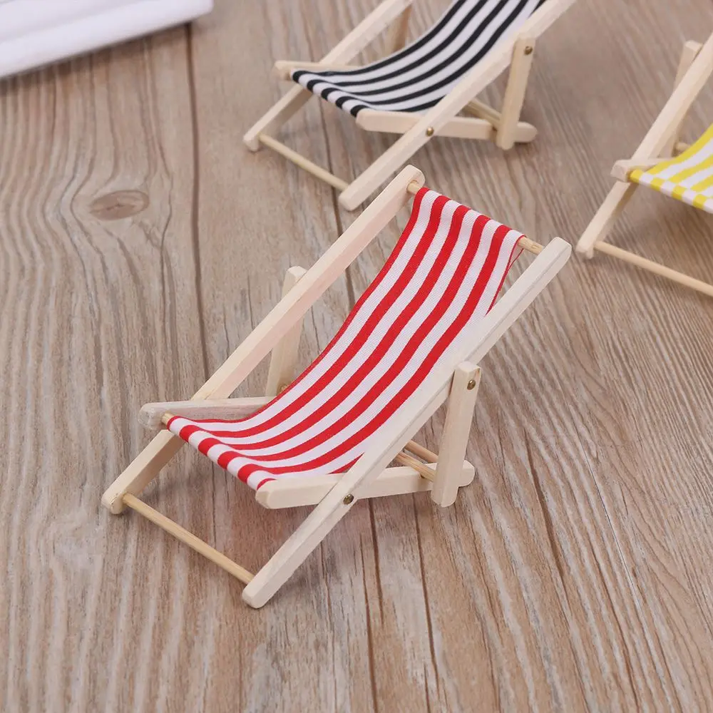 Wooden Lounge Chair Striped for 1/12 Dollhouse Miniature Furniture Beach Chair Folding Stripe Deck Doll House Garden Decor