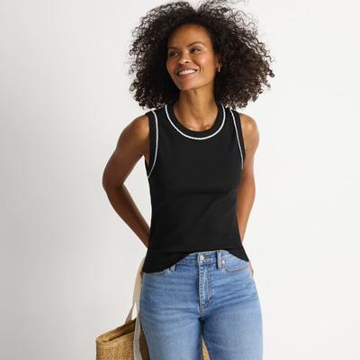 Ribbed Contrast Trim Vest, Women, size: 20, regular, Black, Cotton/Cotton-blend, by Lands' End