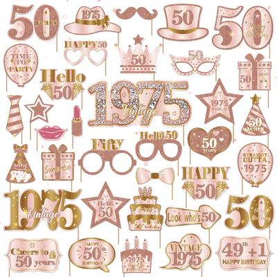 TEMU 36pcs, Pink Golden 50th Birthday Photo Booth Props, Sweet 1975 Year Birthday Photo Props, For Pink Golden 50th Birthday Party Supplies Set Image