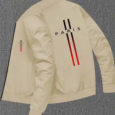 TEMU Men's Casual Paris Print Stand Collar Jacket, Polyester , Stretch, Knit Fabric, , With Zipper Closure, Pocket Detail, For Fall/winter Collection Image