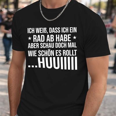 TEMU Humorous Plus Size Men's T-shirt With German Crinkle Design & German Text Print - Relaxed Fit Short Sleeve Round Neck Casual Tee, Machine Washable Image