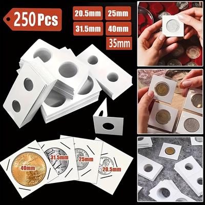 TEMU 250pcs Coin Flip Set - 5 Sizes, Clear Window Cardboard Protectors For Coin And Collectible Display Books, White, High-quality Paper, Coin Display Image
